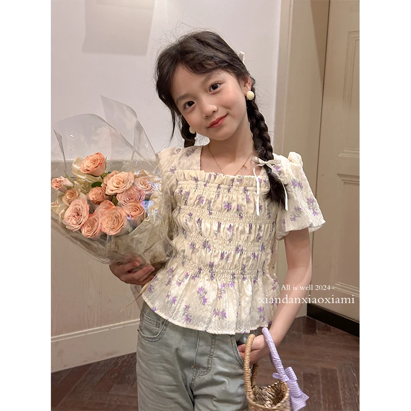 咸蛋小虾米童装2024年夏装新款韩国女童碎花压褶甜美小衫