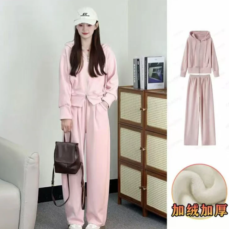 2024秋冬款加厚加绒时尚显瘦百搭休闲卫衣套装开衫连帽阔腿两件套