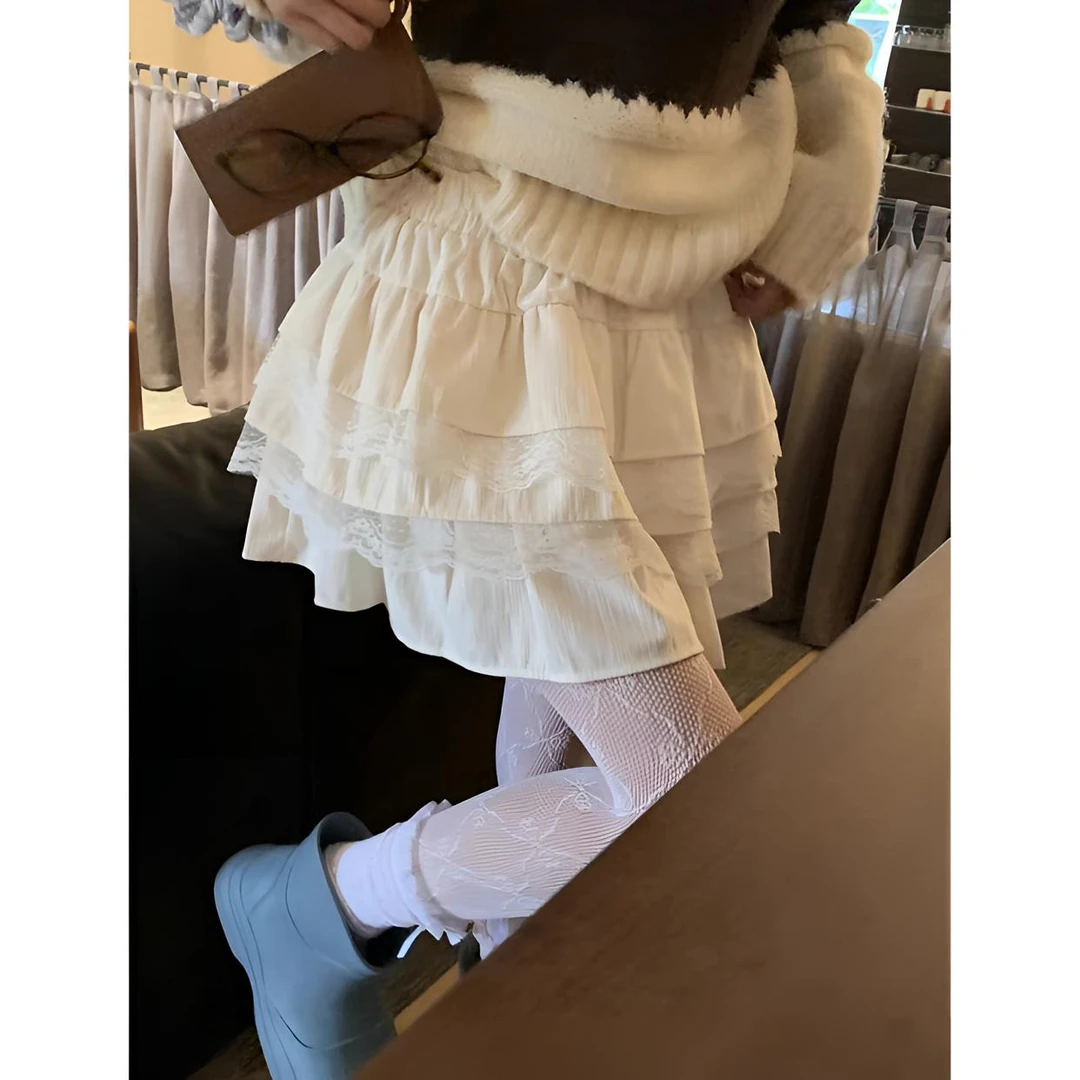 睿夕【甜梦芭蕾】秋冬芭蕾蕾丝蛋糕裙半身裙a字百褶蓬蓬短裙