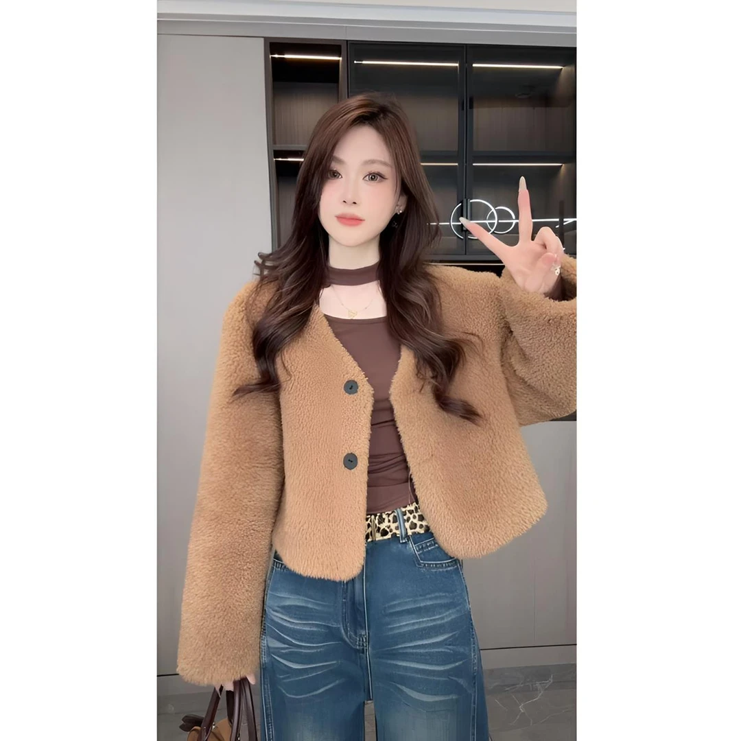 睿夕【恋恋冬日】冬季V领环保皮毛一体保暖外套