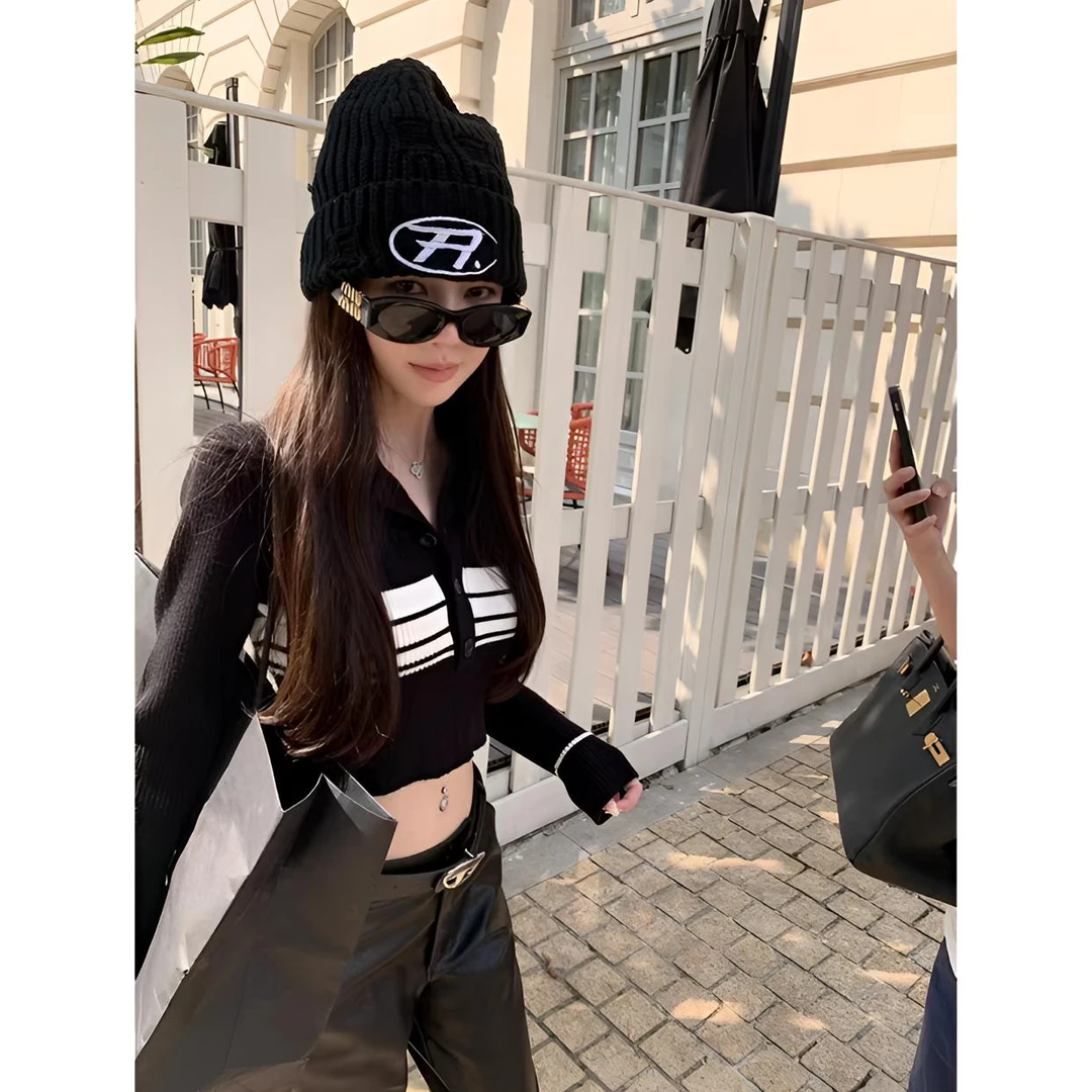 睿夕【条纹自然派】针织开衫女秋学院风甜辣复古短款条纹毛衣