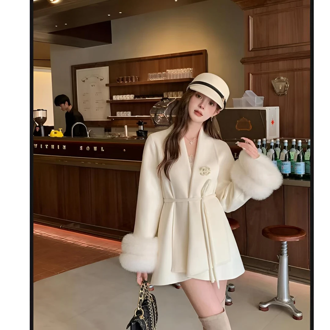 睿夕【温妮千金】狐狸毛宽松收腰大衣双面呢斗篷外套