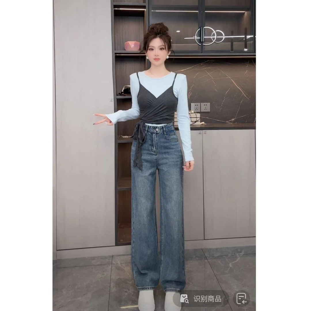 睿夕【西海岸牛仔】复古简约显瘦阔腿牛仔裤