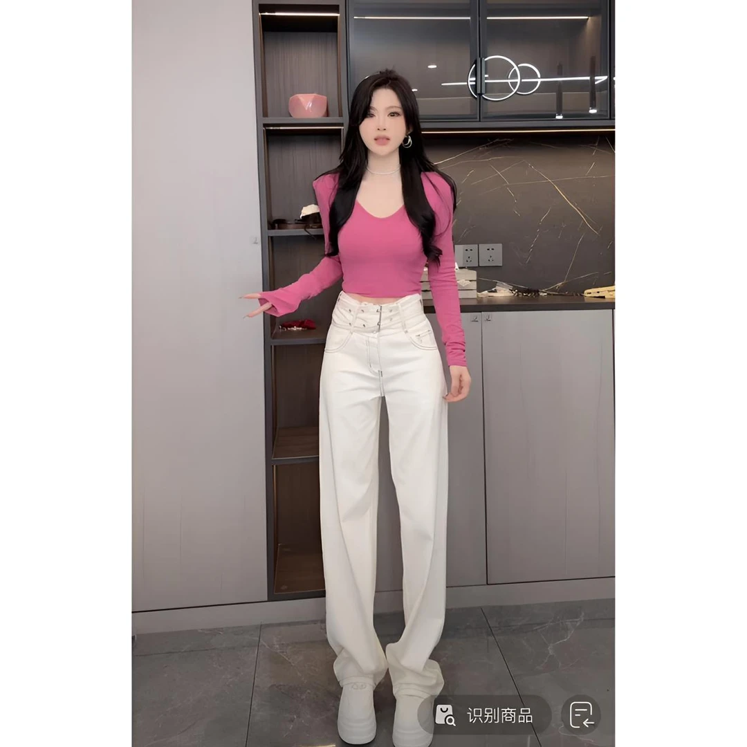 睿夕【白日漫游】加抓绒设计感腰头宽松直筒阔腿牛仔裤