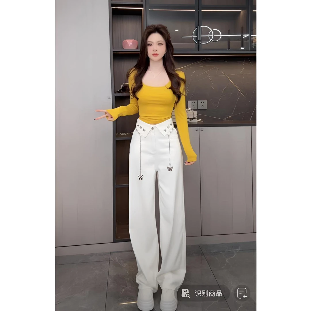 睿夕【蝴蝶涟漪】复古腰部翻领设计感直筒阔腿裤加绒牛仔裤