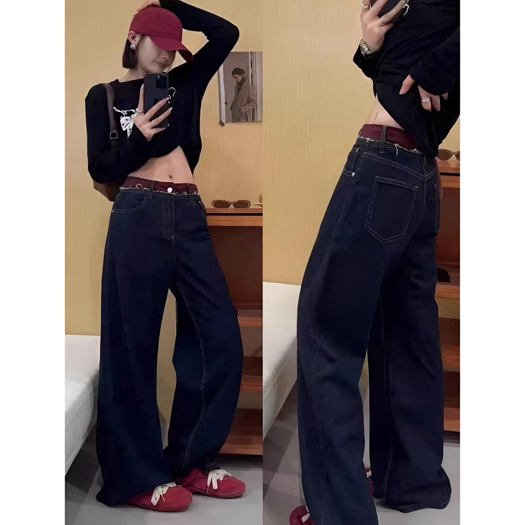 睿夕【淡然步调】加厚设计红色拼接腰头字母牛仔阔腿裤