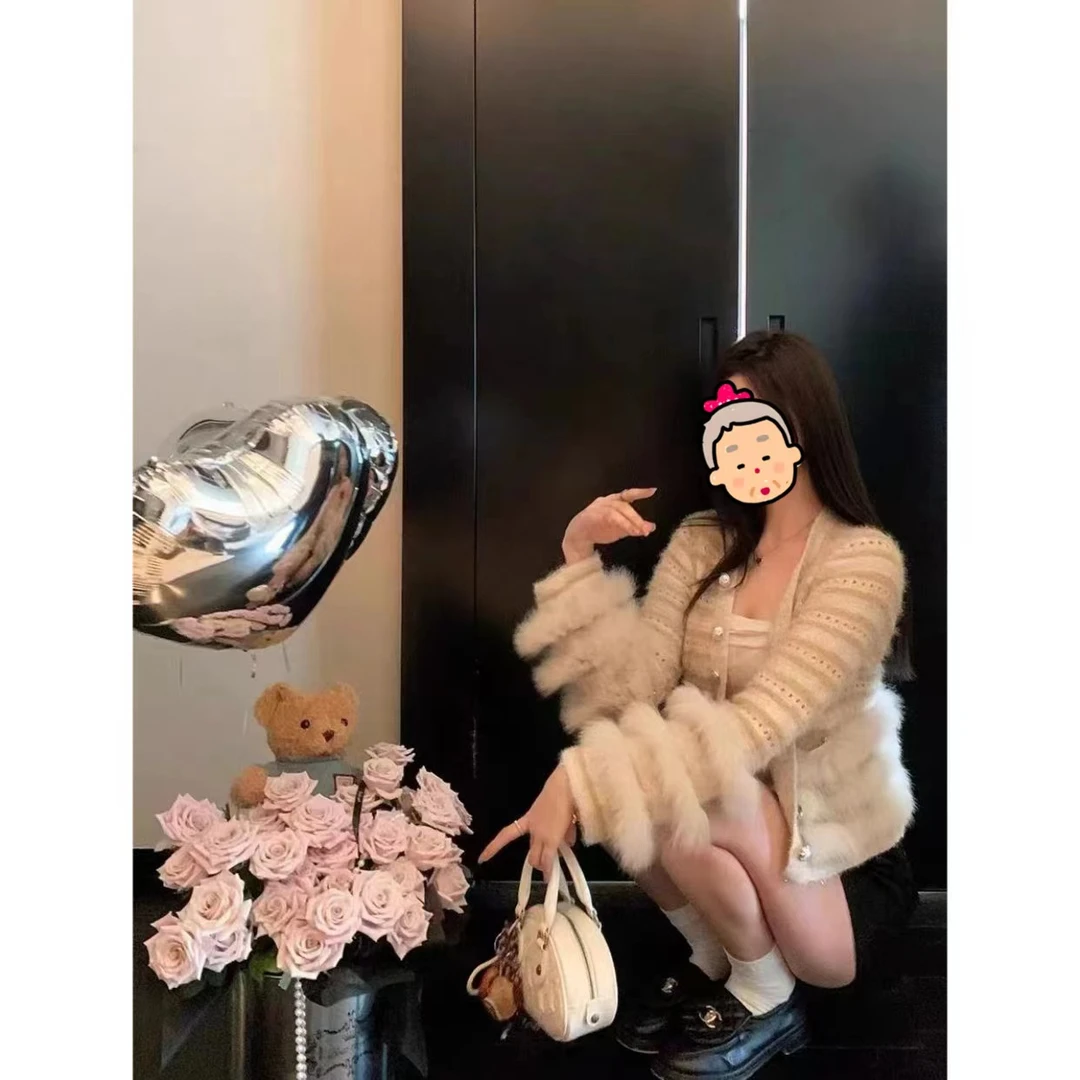 睿夕【娇宠贵女】狐狸毛亮丝重工针织v领开衫