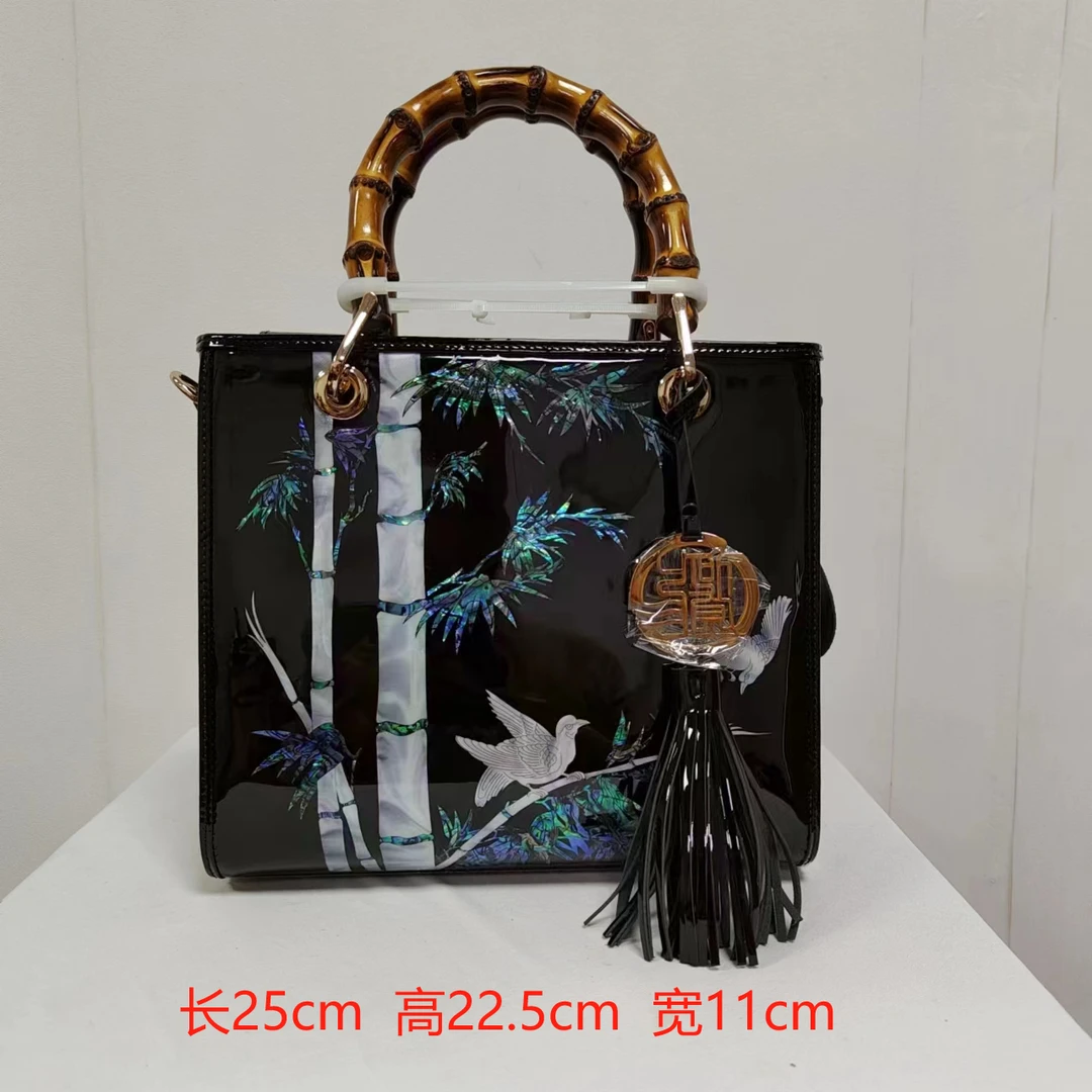 民族风螺钿亮皮时尚百搭女士手提包戴妃包