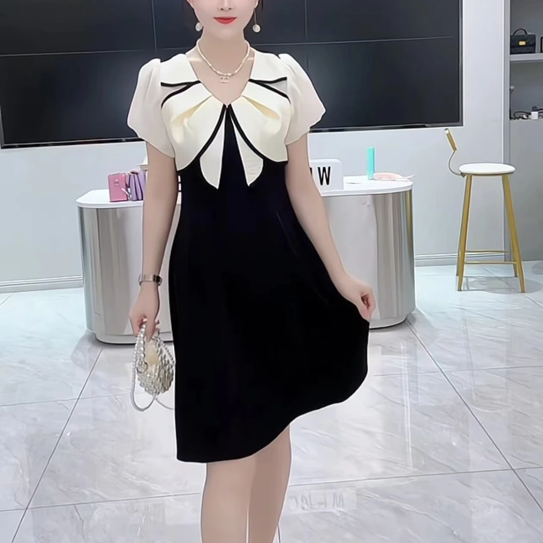 反季夏季新款拼接假两件时尚洋气显瘦短袖网红遮肉遮肚连衣裙女潮