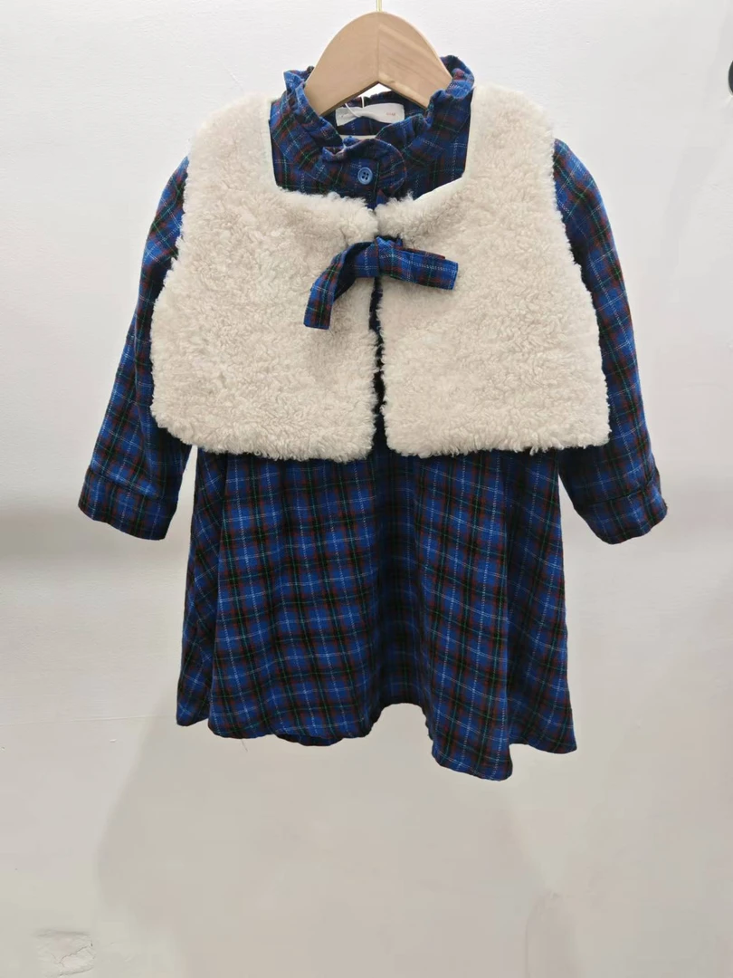 女童2024冬季新款加厚两件套马甲裙儿童小香风蓝色时尚毛呢加绒