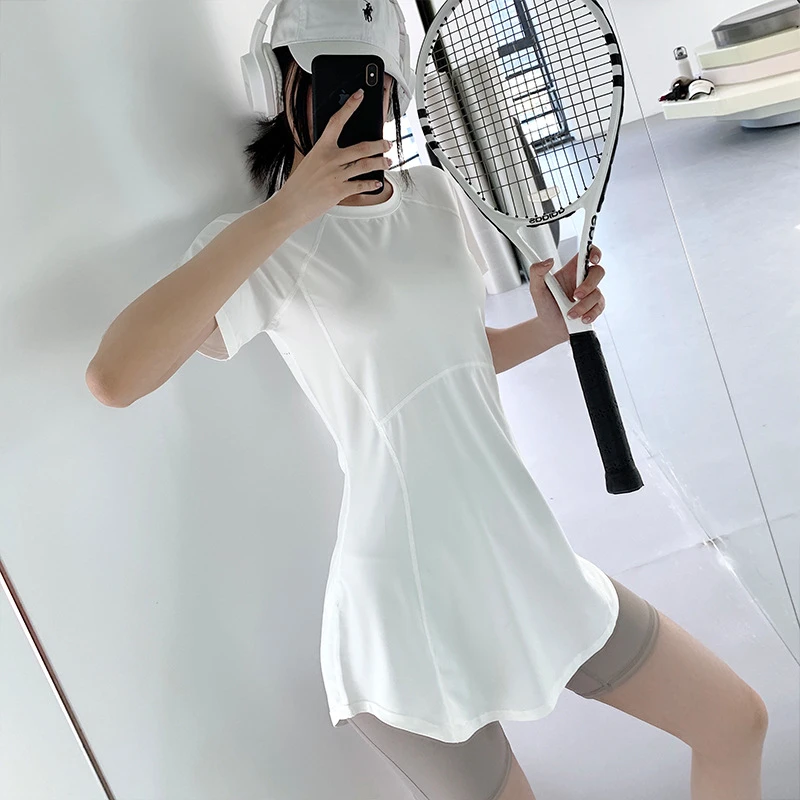 中长款瑜伽服女运动速干短袖T恤遮臀显瘦透气罩衫专业跑步健身服