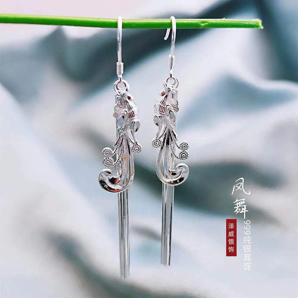 铜合金耳饰 银佳银饰足银990立体镂空凤凰防丢耳线纯银时尚潮流