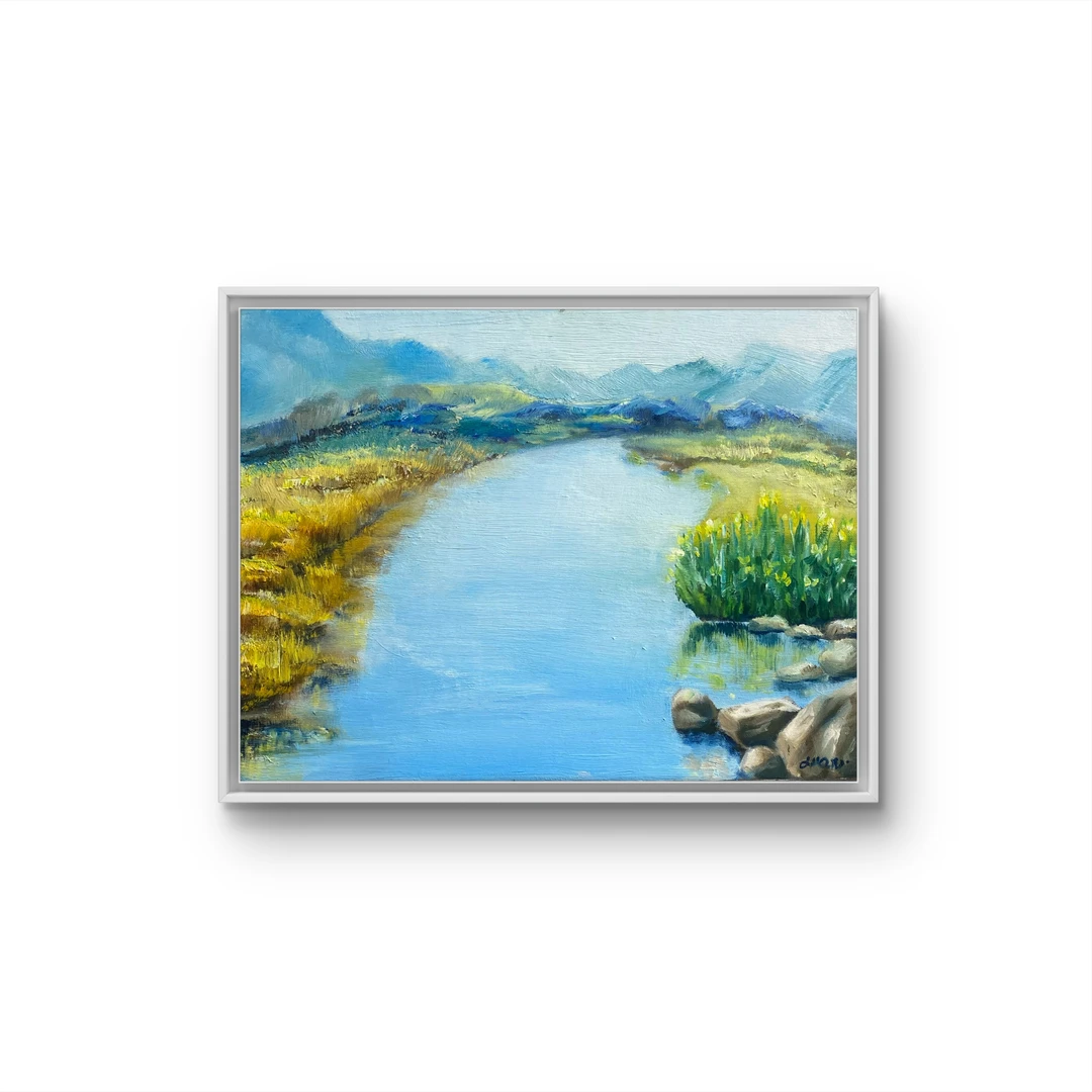 手绘装饰画《门前小景》  画面尺寸30X40厘米 有外框