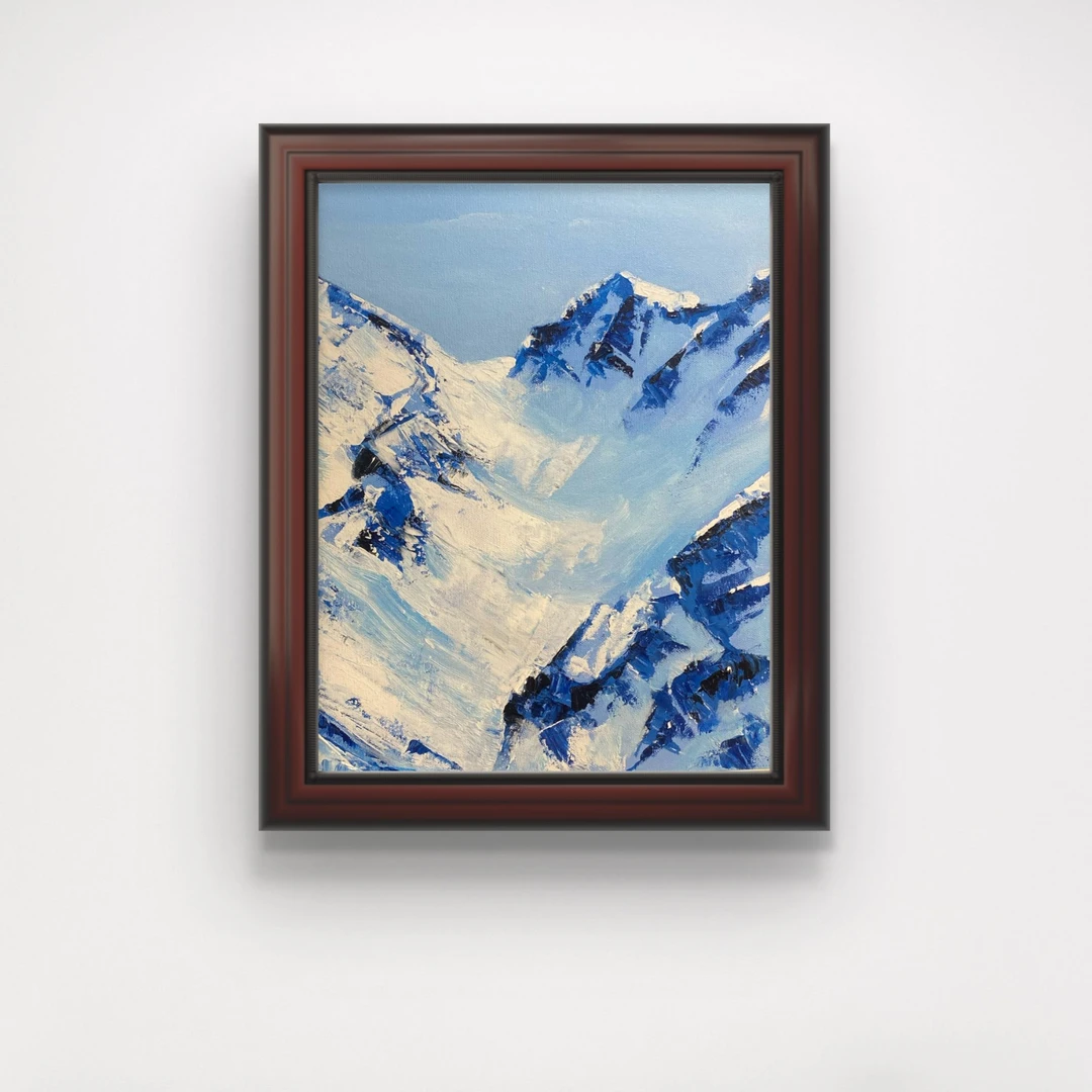 手绘装饰画《雪峰》外框尺寸68X56厘米(环保实木外框)内框50X40厘米