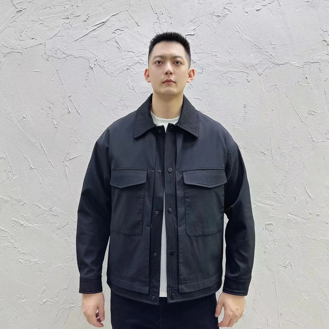 春季新款翻领拼接坑条肌理感男士韩版夹克外套多口袋加绒83773