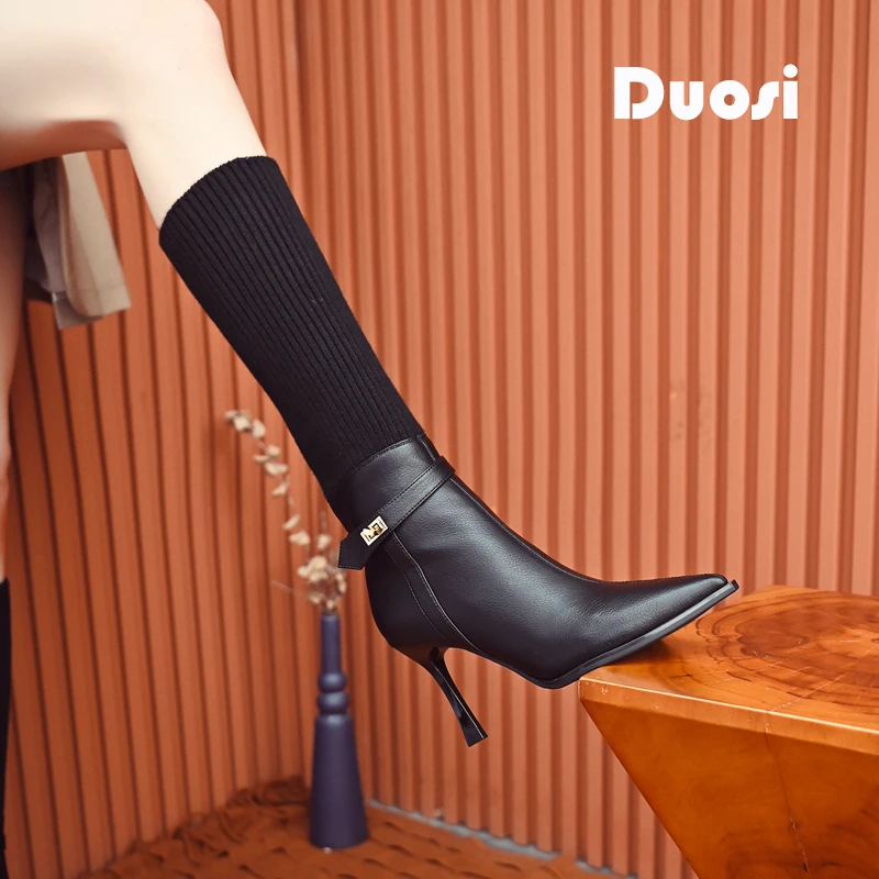 【DUOSI】8cm细跟袜靴女弹力靴尖头瘦瘦靴不过膝长靴S503-E