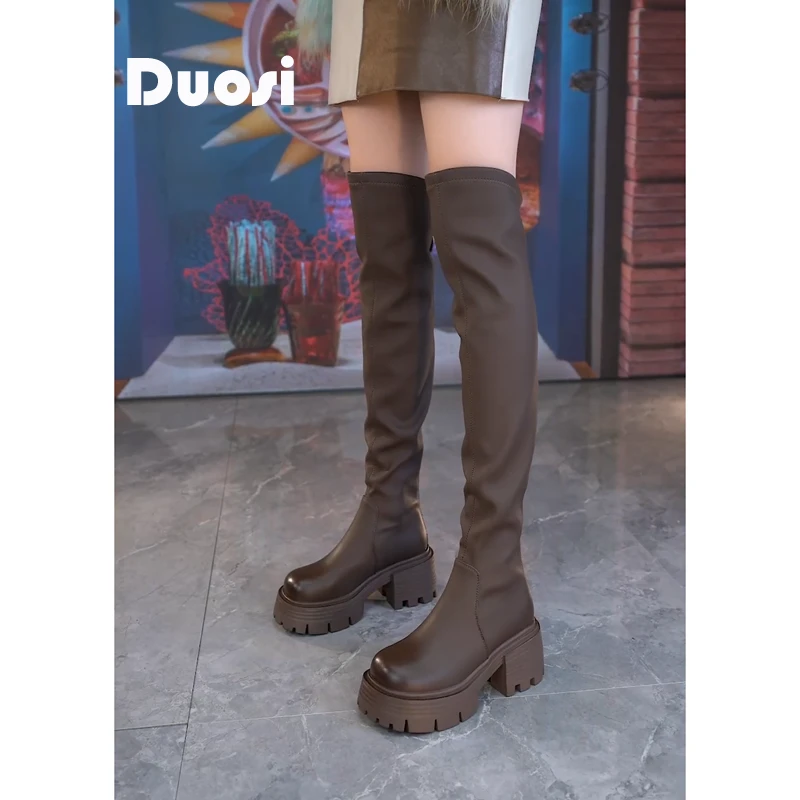 【DUOSI】7cm厚底过膝长靴女圆头高跟骑士靴冬季瘦瘦靴潮SS6372