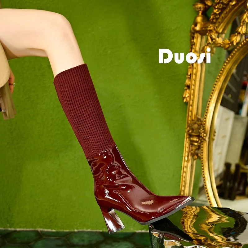 【DUOSI】7.5cm小众高跟弹力靴女袜靴尖头长筒靴两穿瘦瘦靴HS1769