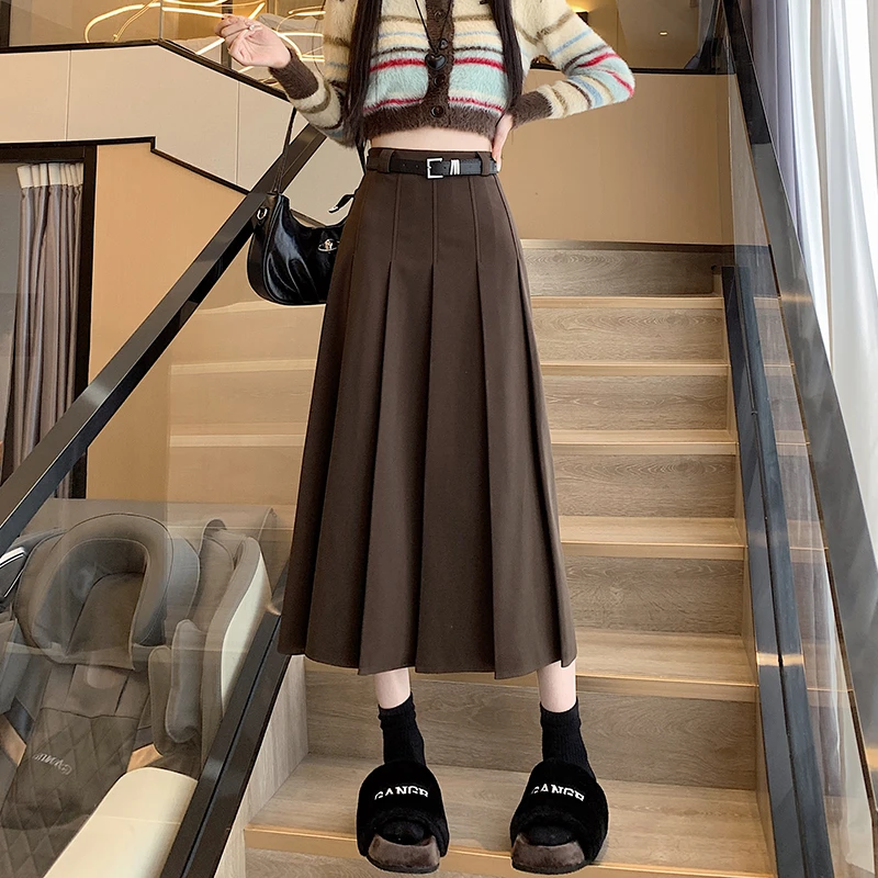 毛呢半身裙2024秋冬新款高腰百搭遮胯显瘦学院风百褶裙中长款裙子