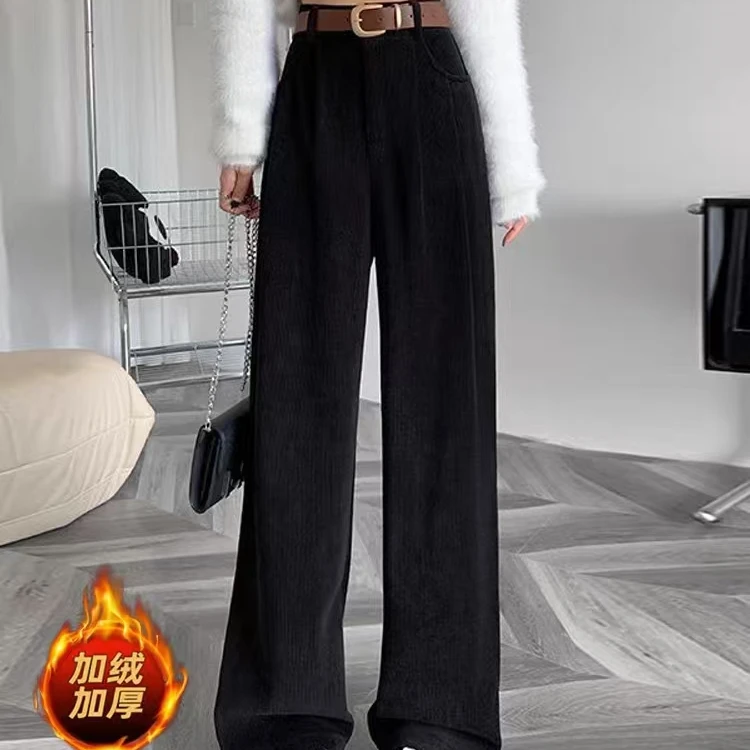 加绒欧棉绒阔腿裤女2024冬季新款高腰宽松显瘦百搭小个子直筒裤女