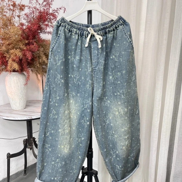 24269欧货天马星空印花牛仔裤女