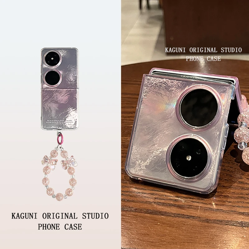 ins晕染粉蝴蝶结水晶手提链适用华为pocket2手机壳新款p50pockets