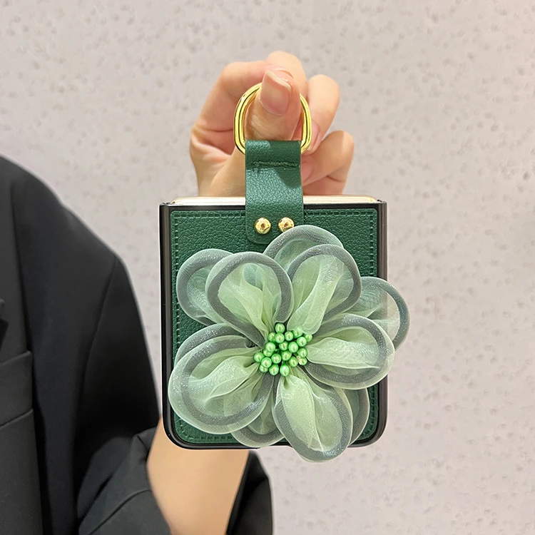 绿大边纱花指环扣皮质适用华为pocket2手机壳purax/p50/zflip6/5