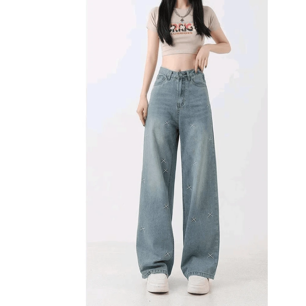 刺绣阔腿牛仔裤女高腰宽松春秋新款大码胖mm显瘦直筒拖地长裤