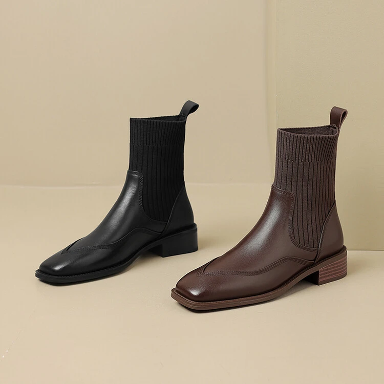 （头层牛皮3.5CM）2024年秋冬弹力靴/袜靴粗跟短筒复古百搭时尚