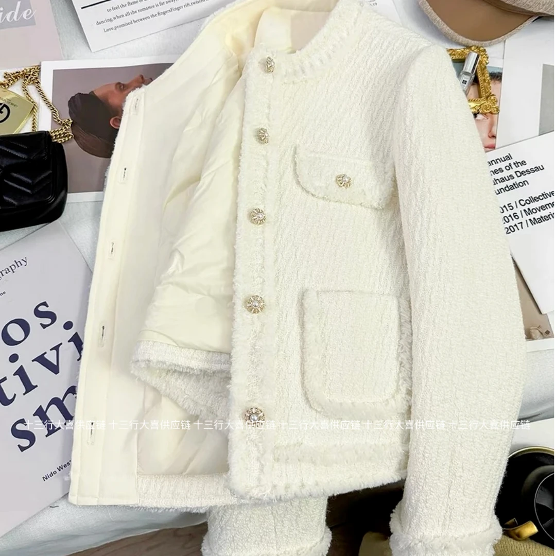 白色粗花呢法式小香风加棉加厚内胆2024冬季新款高级感短外套女