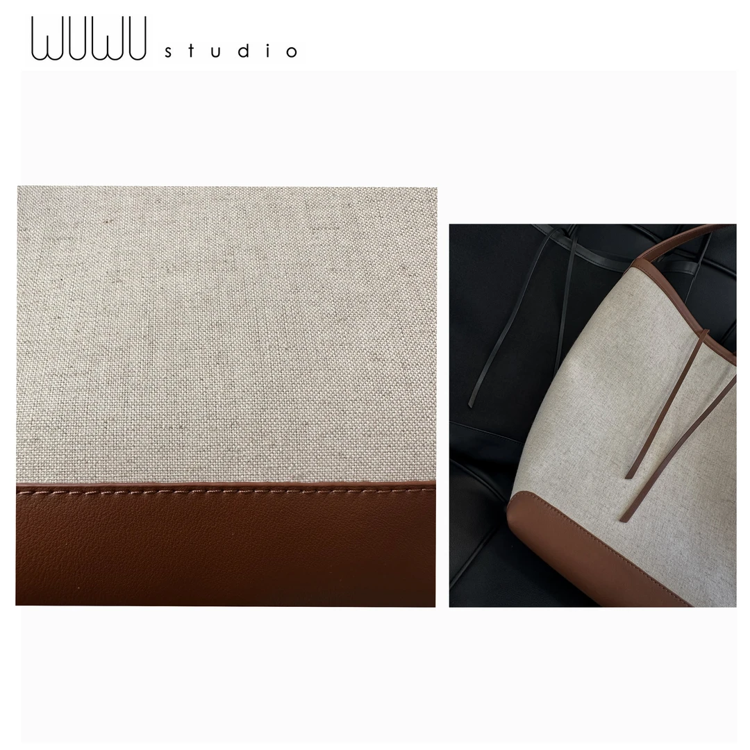 WUWU STUDIO 【托特包】极简粗花原麻色帆布拼皮水桶包腋下包