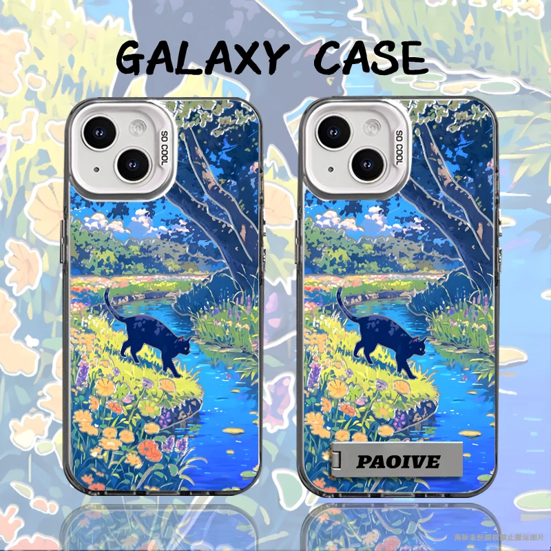 小溪边黑猫适用于创意小众苹果16华为小米14彩银手机防摔壳Paoive