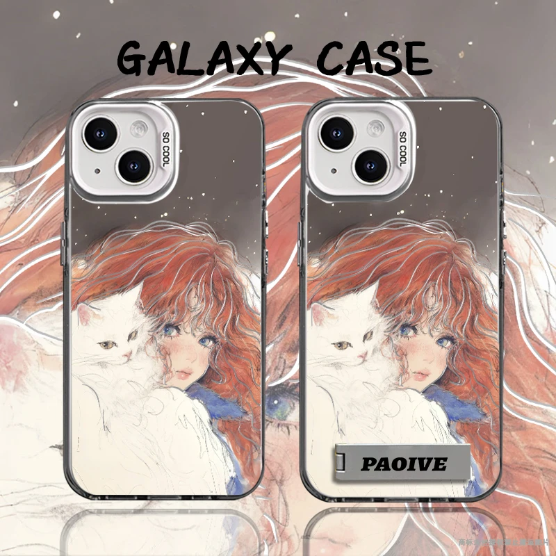 抱白色猫女孩适用创意小众苹果16华为小米14彩银手机防摔壳Paoive