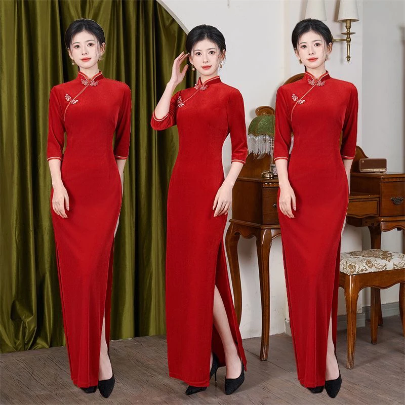 新中式国风旗袍改良轻奢红色丝绒连衣裙日常走秀回娘家