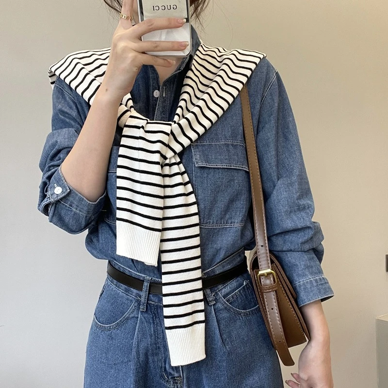 夏季针织搭肩薄款小披肩外搭衬衫T恤空调网红条纹假领子配裙子女