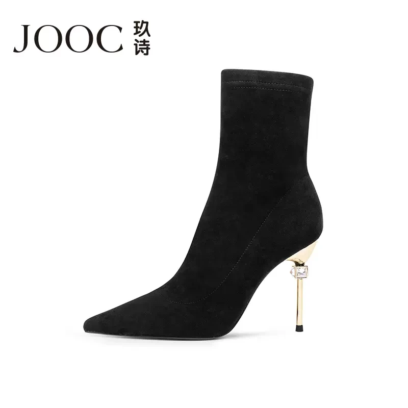 JOOC玖诗冬季细跟中筒尖头弹力靴女瘦瘦靴金属细高跟短靴百搭3518