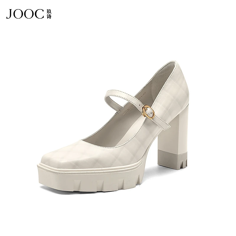 JOOC玖诗春夏粗跟玛丽珍鞋新款黑色一字带扣浅口单鞋复古女鞋7215