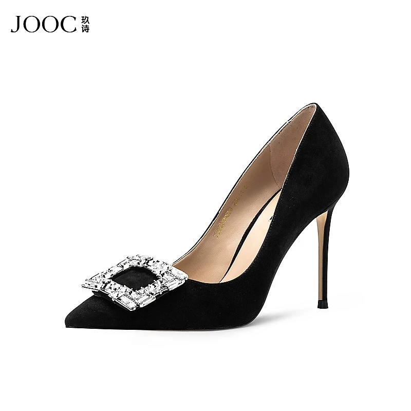 JOOC玖诗轻奢水钻方扣高跟鞋女秋季新款名媛宴会气质单鞋黑色6879