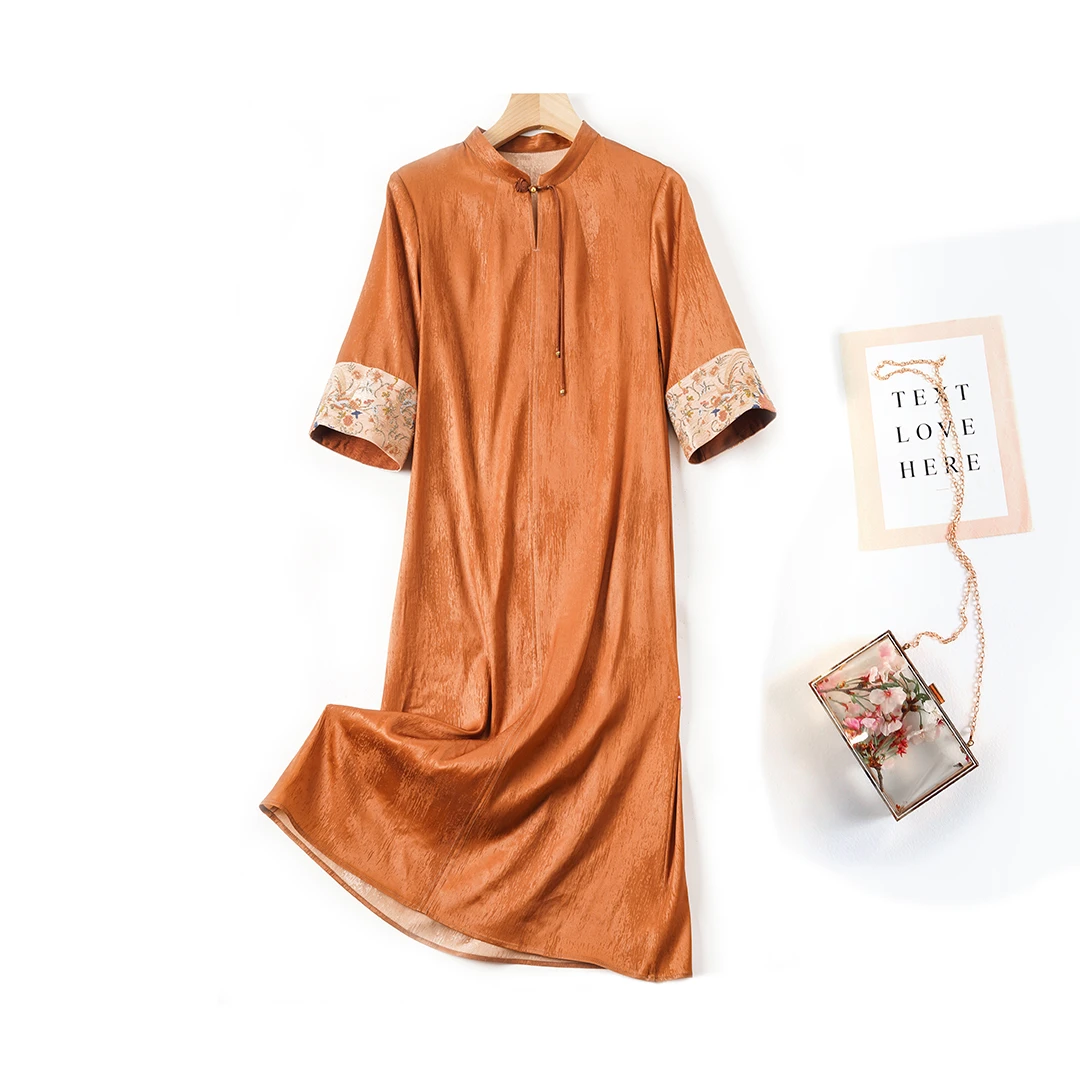 92%桑蚕丝红云纱水波纹新中式短袖高端女装盘扣宽松真丝连衣裙