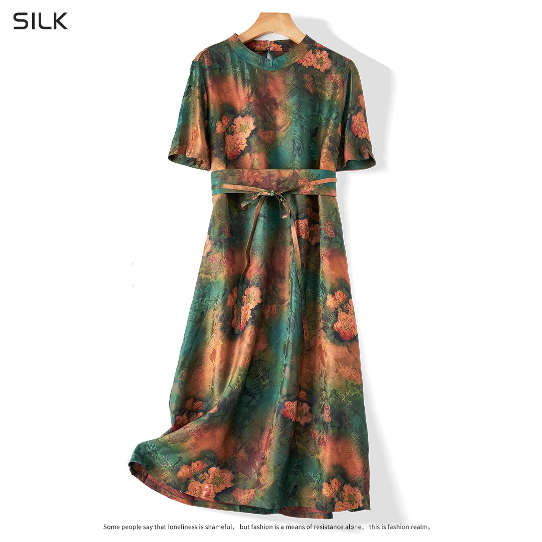 100%桑蚕丝高端女装花罗透气立领短袖时尚新中式束腰真丝连衣裙