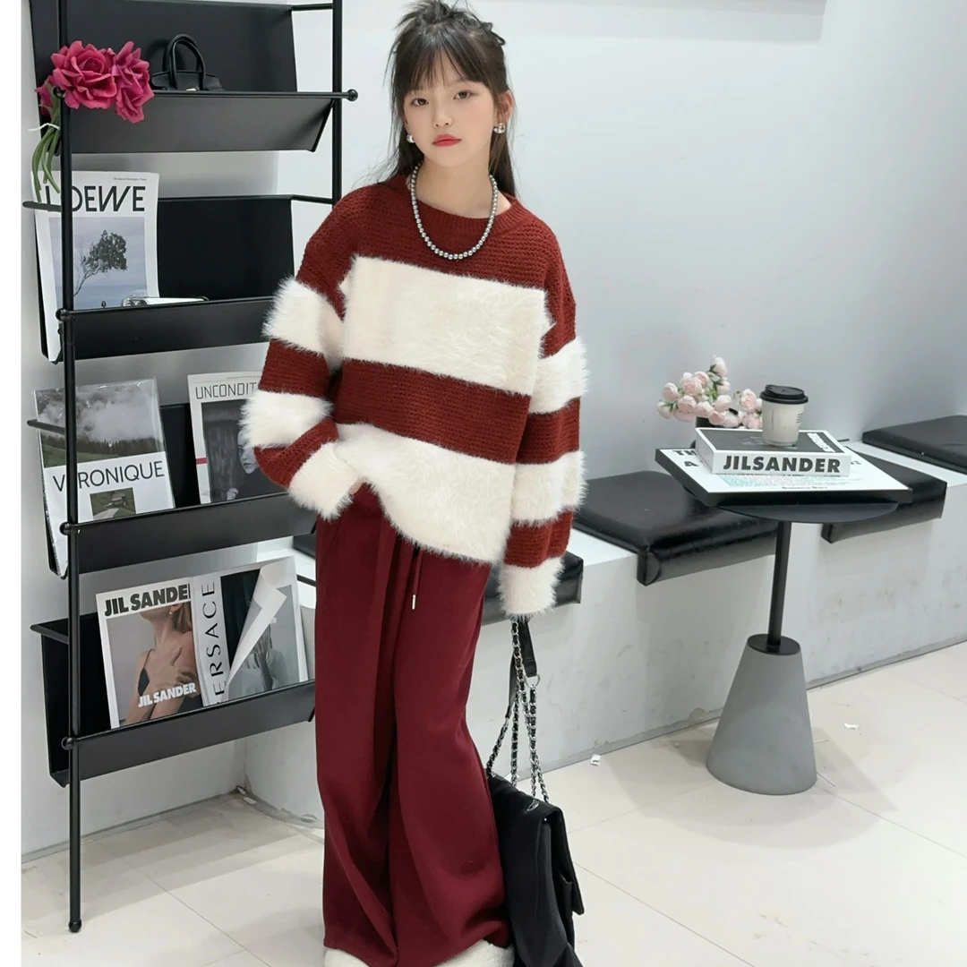 秋冬季女童加厚红色条纹套头毛衣洋气百搭加绒直筒裤两件套韩版