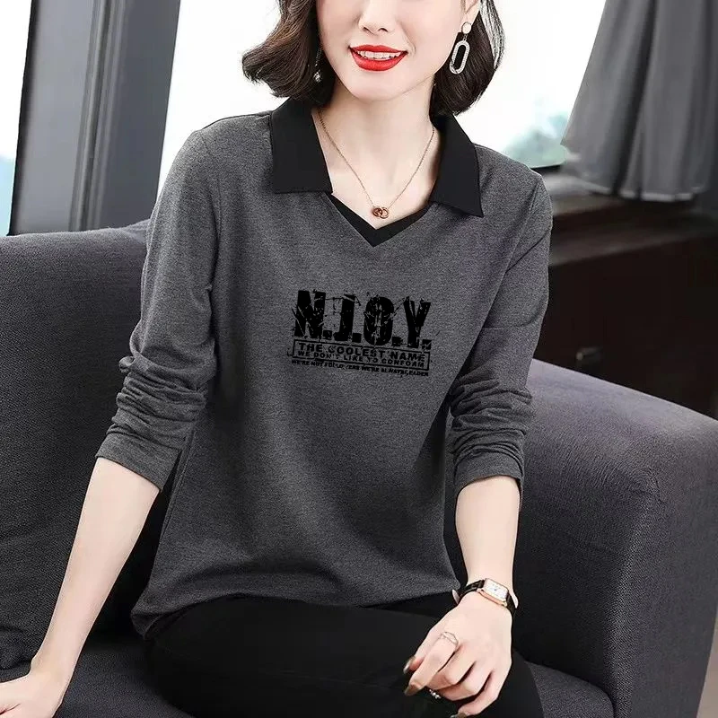 纯棉高档大码女装长袖t恤春秋新款宽松显瘦遮肚polo领外穿打底衫