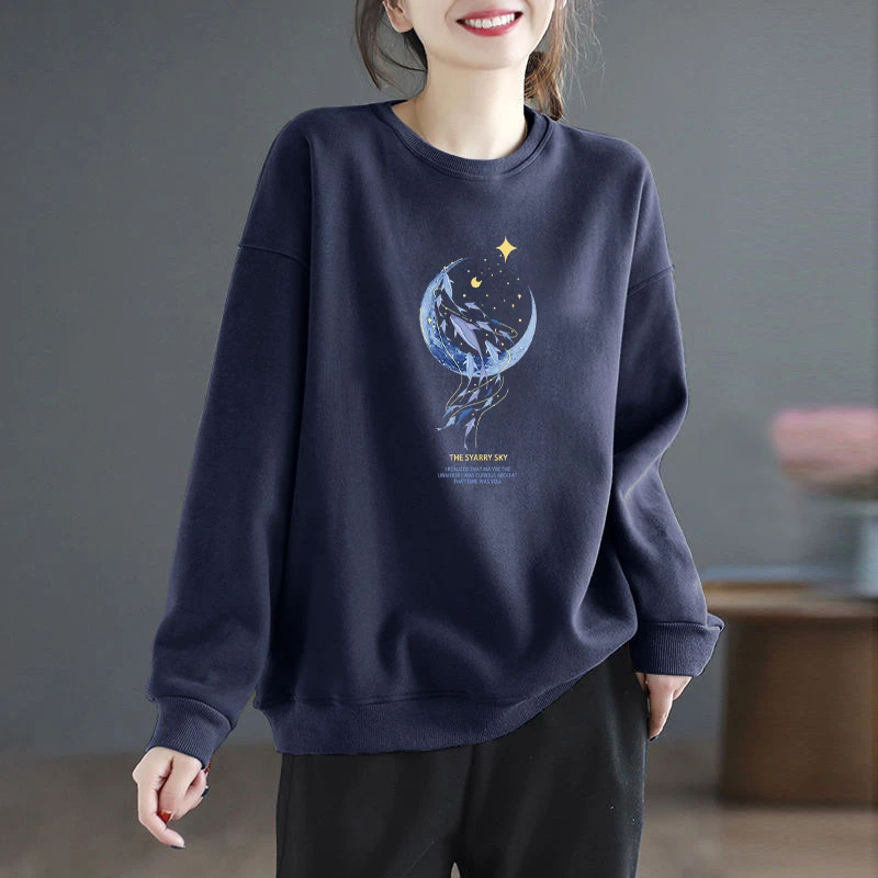 重磅纯棉大码圆领卫衣女2024秋冬新款减龄学院风宽松女长袖上衣