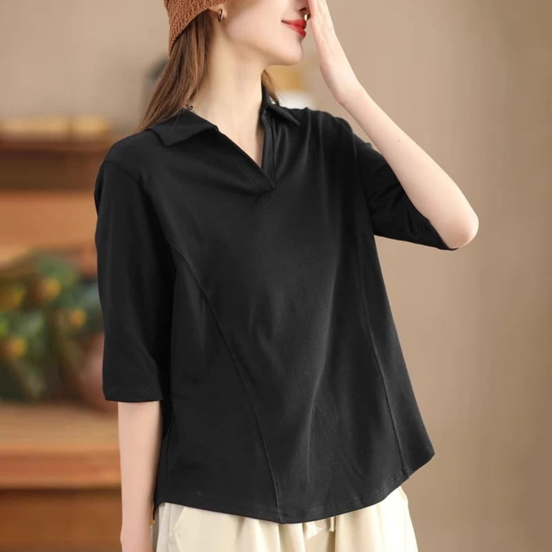 100%纯棉翻领中袖流行时尚潮牌女装上衣宽松显瘦气质大码春夏POLO