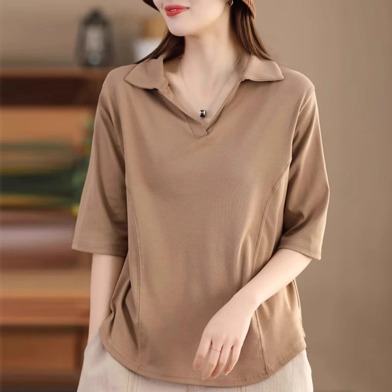 100%纯棉翻领中袖上衣女装七分袖洋气大码宽松加肥半袖春夏POL衫