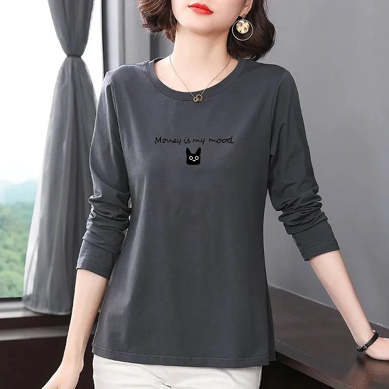 纯棉女士上衣春秋长袖T恤女炸街潮牌女装宽松大码显瘦圆领打底衫