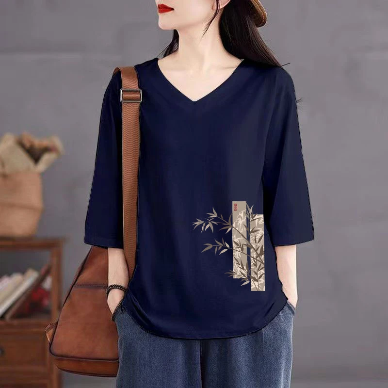 外贸清仓100%纯棉V领秋季七分袖新款女简约时尚字母鸡心领打底衫