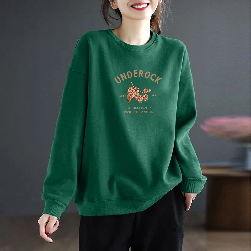 100%纯棉卫衣女休闲大码宽松胖妹妹女上衣春秋圆领体恤长袖打底衫