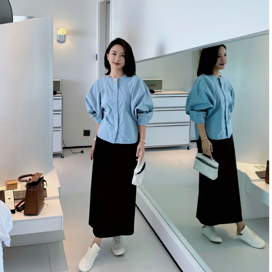 <反季清仓款 NO退NO换!!>（塞纳河畔）气质羊角手袖衬衫