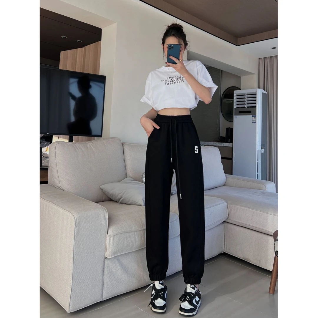 【刺绣束脚卫裤宽松】春秋款简约百搭刺绣高腰运休闲运动束脚裤显瘦